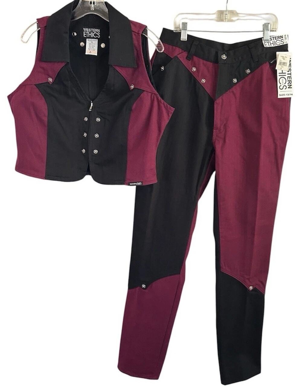 Western Ethics Rodeo Show Set Vest XL Pants 13 NWT 36 Inseam Burgundy Black